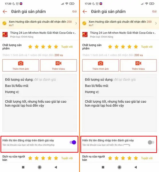 Ẩn tên khi đánh giá
