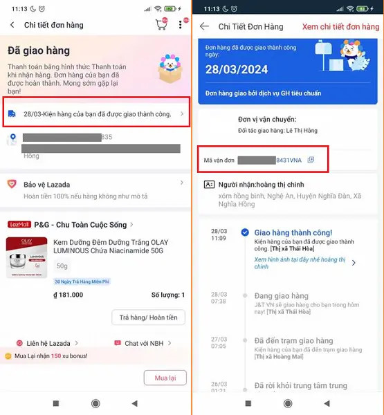 Chi tiết thông tin vận chuyển trên App Lazada