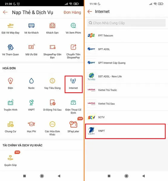 Làm sao để thanh toán hóa đơn internet trên Shopee?