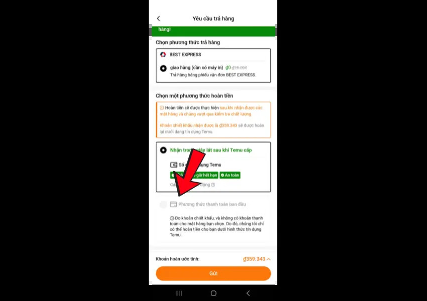 Chọn phương thức hoàn tiền