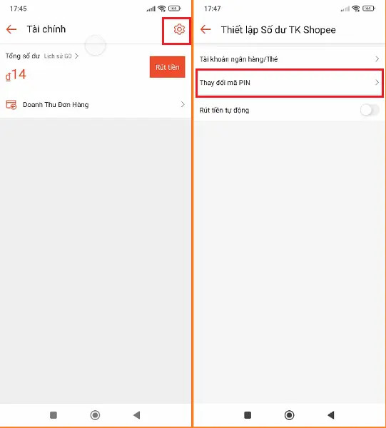 Chọn thay đổi mã PIN từ mục cài đặt