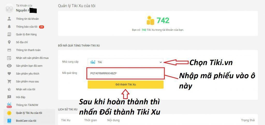 Chuyển đổi mã phiếu sang Tiki Xu