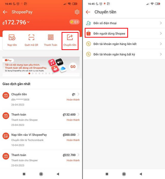 Chuyển tiền đến người dùng Shopee