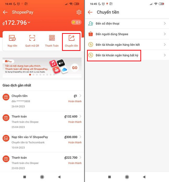 Chuyển tiền đến tài khoản ngân hàng