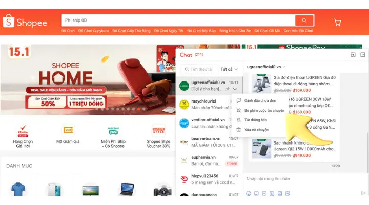 Giao diện bỏ ghim tin nhắn trên Shopee.vn