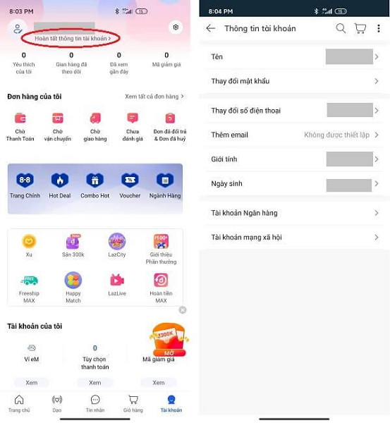 Giao diện cập nhật thông tin tài khoản Lazada