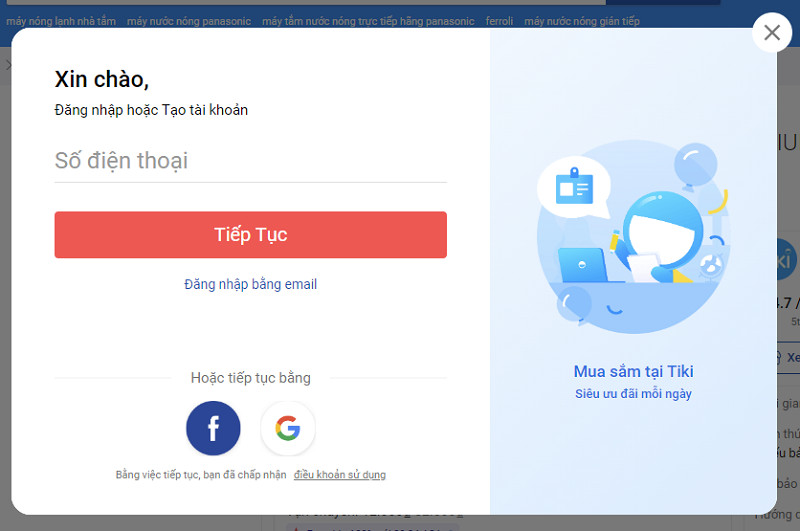 Giao diện đăng nhập tài khoản Tiki