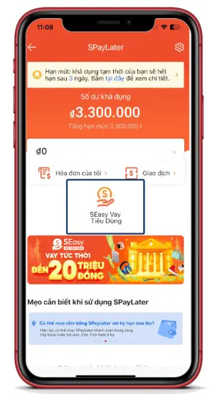 Giao diện truy cập SEasy Vay Tiêu Dùng trong app Shopee