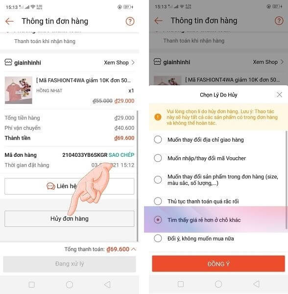 Hủy đơn hàng Shopee chưa đóng gói