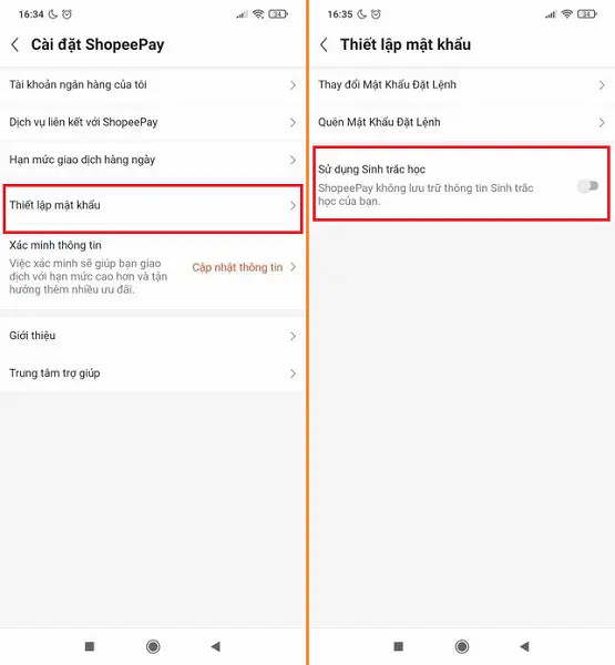 Kích hoạt sử dụng Sinh trắc học