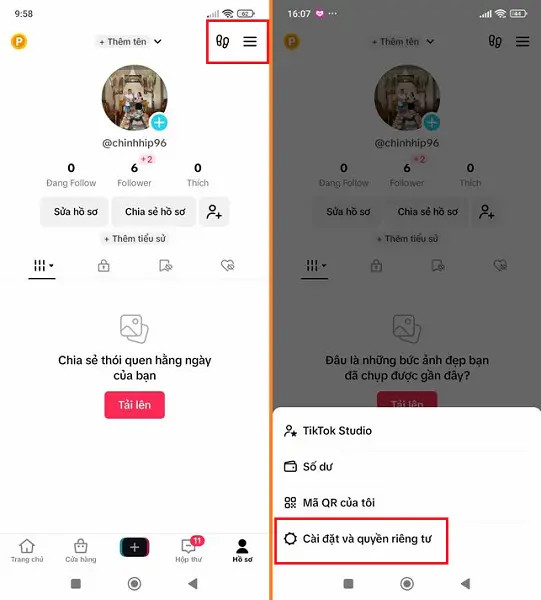 Menu Cài đặt và quyền riêng tư