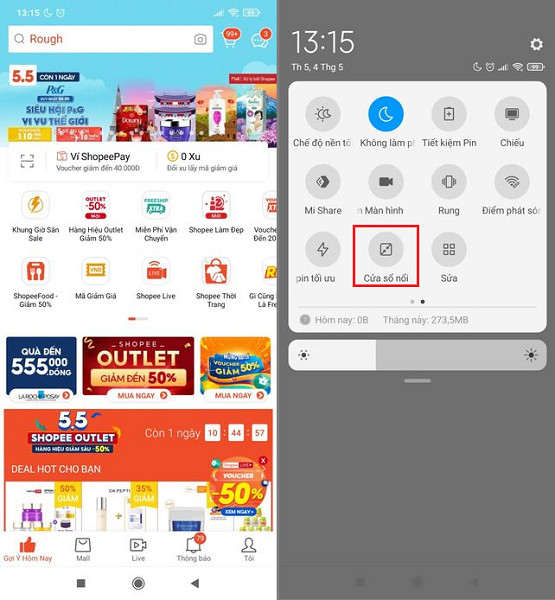 Mở cửa sổ nổi Shopee