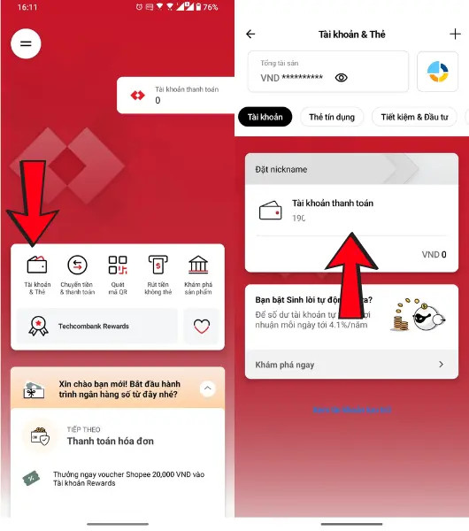 Mục "Tài khoản và thẻ"