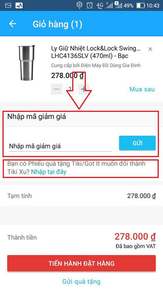 Nhập mã giảm giá khi mua sắm