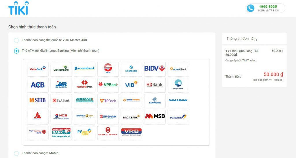 Phương thức thanh toán phiếu Tiki