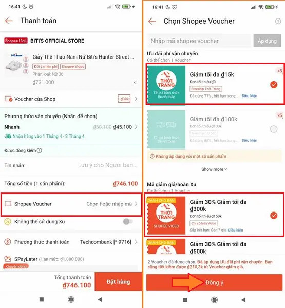 Thao tác áp mã và hoàn tất thanh toán đơn hàng Shopee Video.