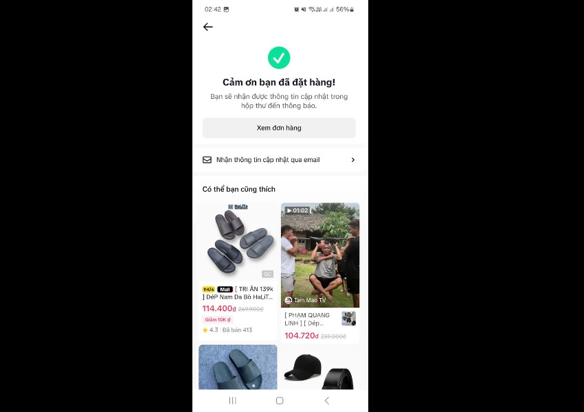 Thông báo đặt hàng thành công