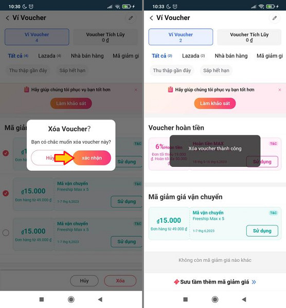 Thông báo xác nhận xóa hàng loạt mã giảm giá