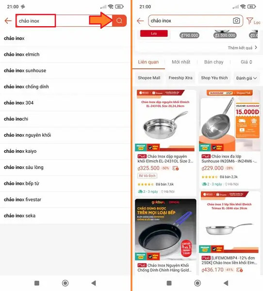 Tìm kiếm sản phẩm trên Shopee