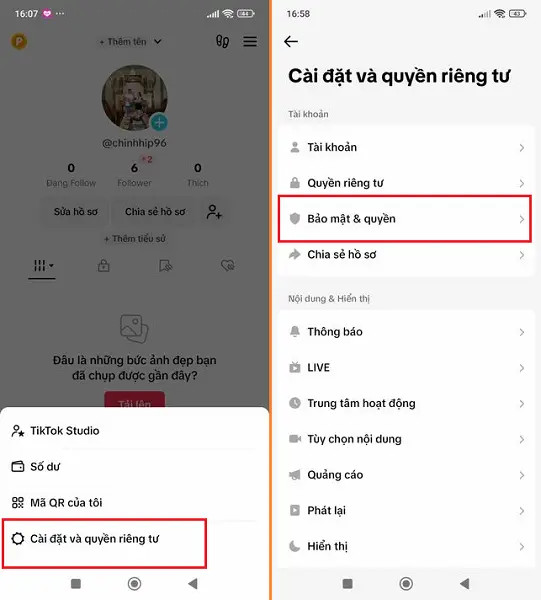 Truy cập phần bảo mật tài khoản TikTok