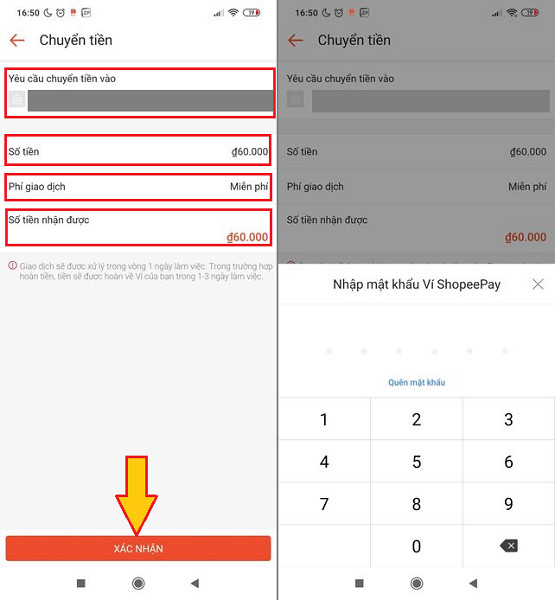 Xác nhận chi tiết giao dịch và hoàn thành chuyển tiền