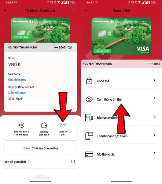 Xem thông tin thẻ Visa Debit